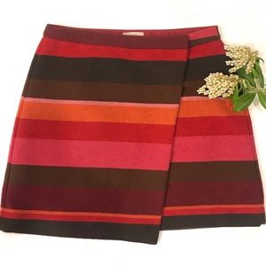 LOFT Striped Red Brown Wrap A-Line Skirt. Size 8.